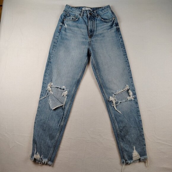 Zara Denim - Zara Mom Fit Jeans Light Wash High-Rise Ripped Sz 2